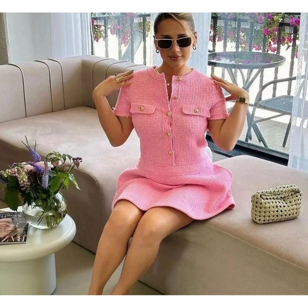 Zara Tweed Mini Dress Womens Small Pink Short Sleeve Blogger Fave Preppy‎ *Flaw - Picture 7 of 15